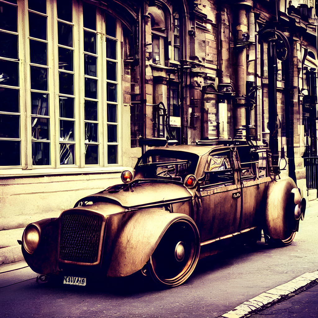 Vintage Car with Oversized Wheels Parked by Classic Architecture in Sepia Tones