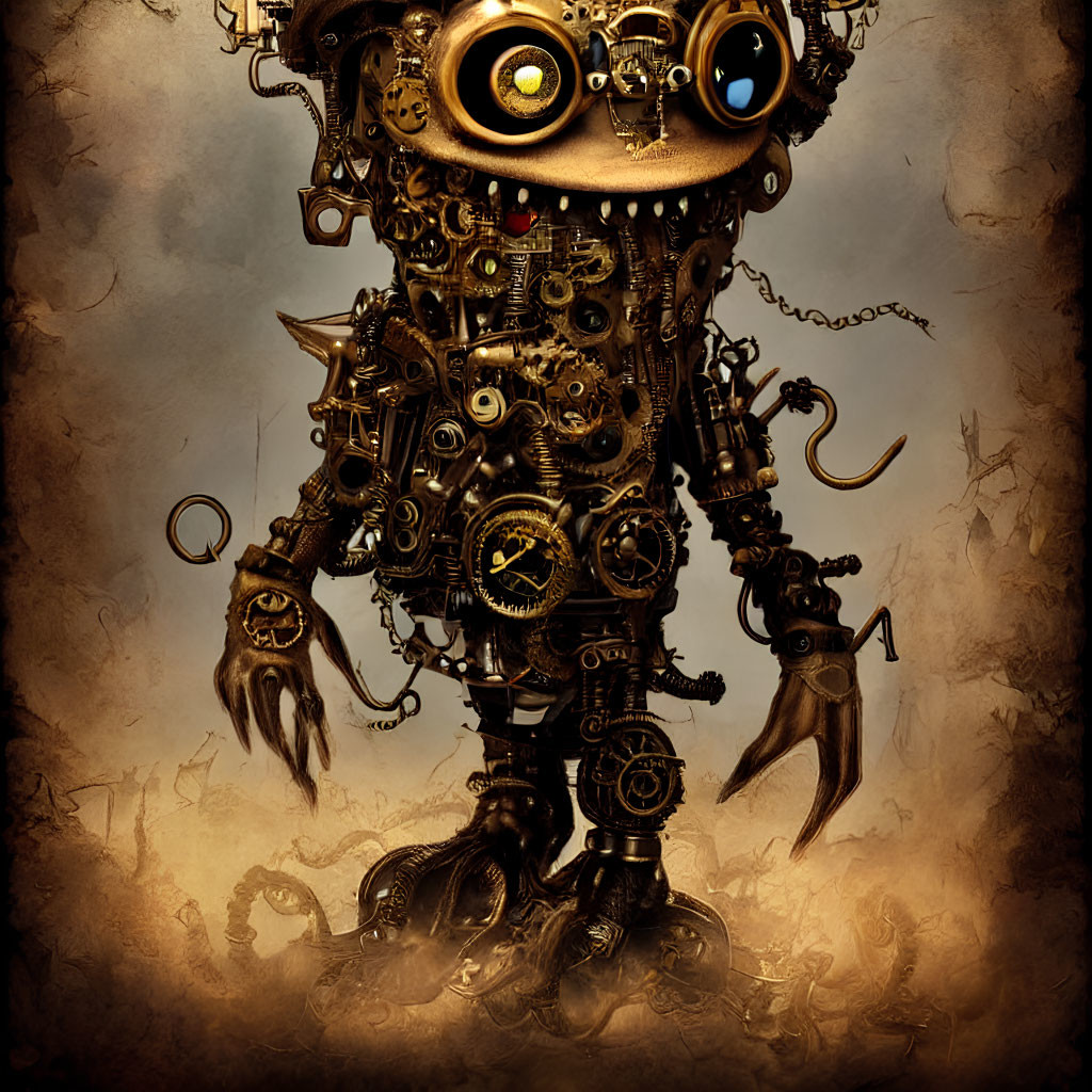 Steampunk-style robot with large eyes and mechanical limbs on sepia-toned background
