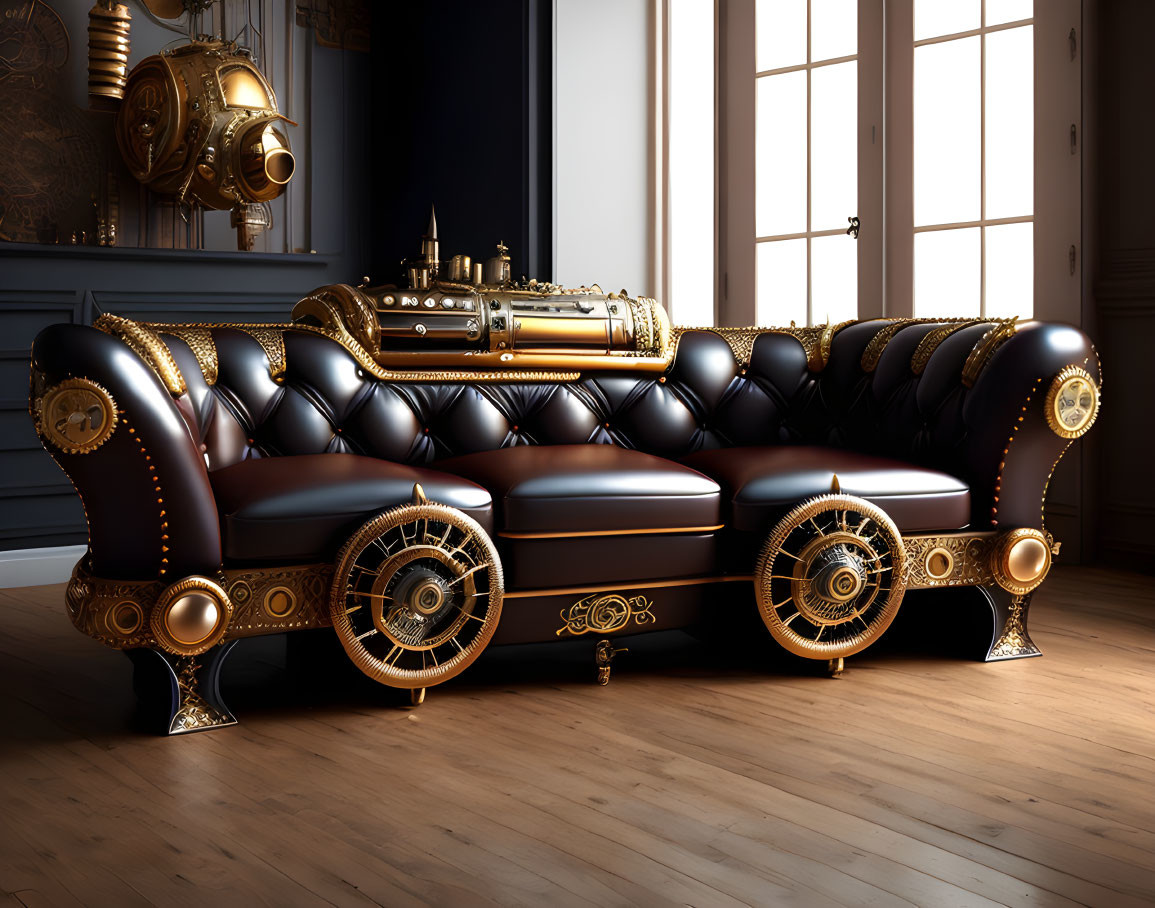 Opulent Steampunk-Style Sofa with Gold Details in Elegant Room