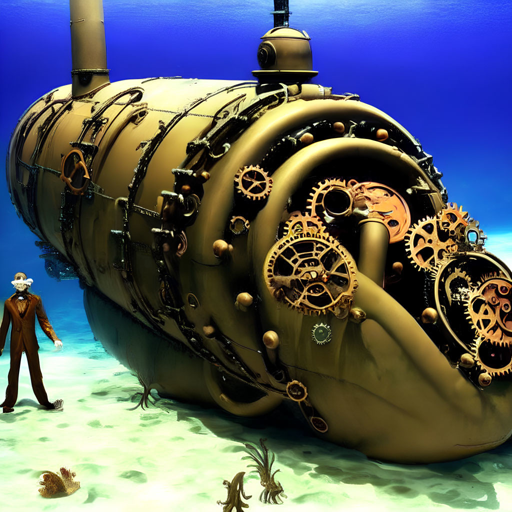 Steampunk-style submarine with gears, vintage diver suit, and blue sea.