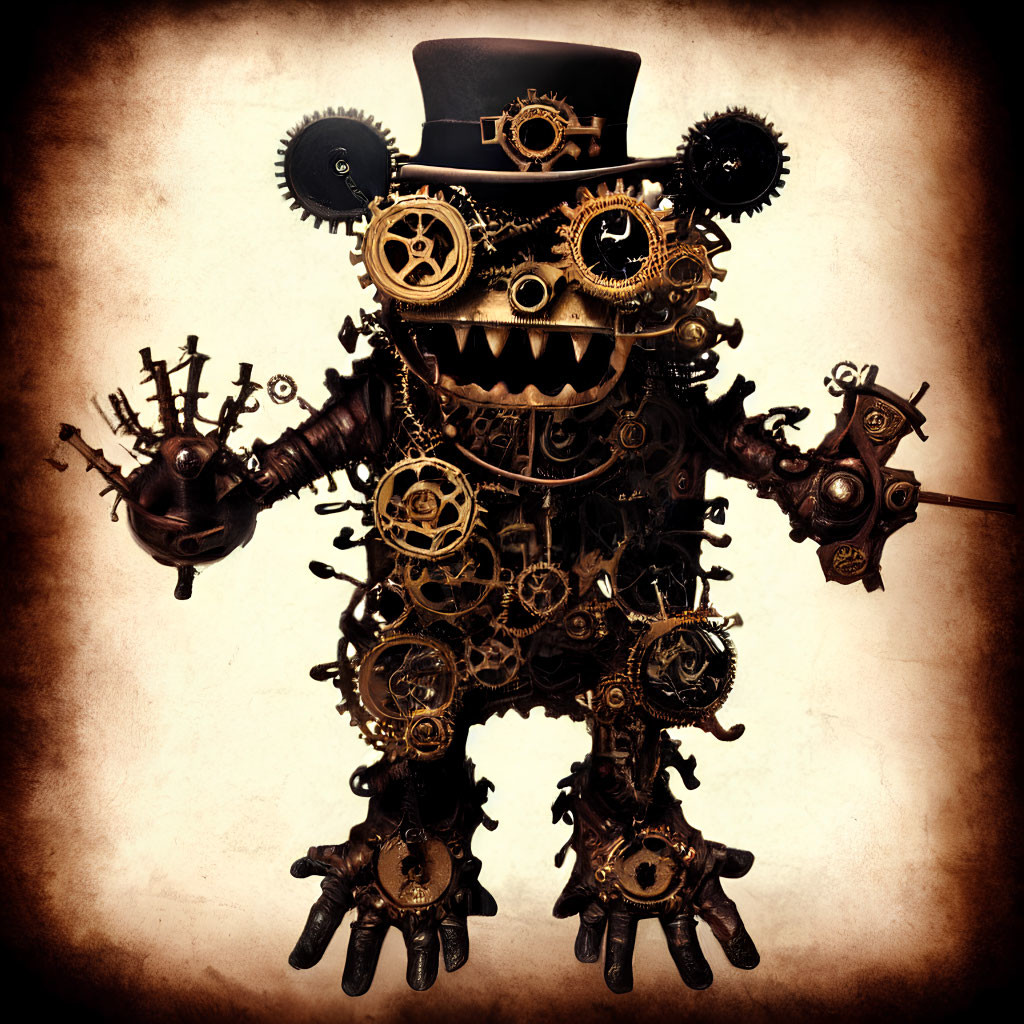 Steampunk Bear Artwork with Gears and Mechanical Limbs