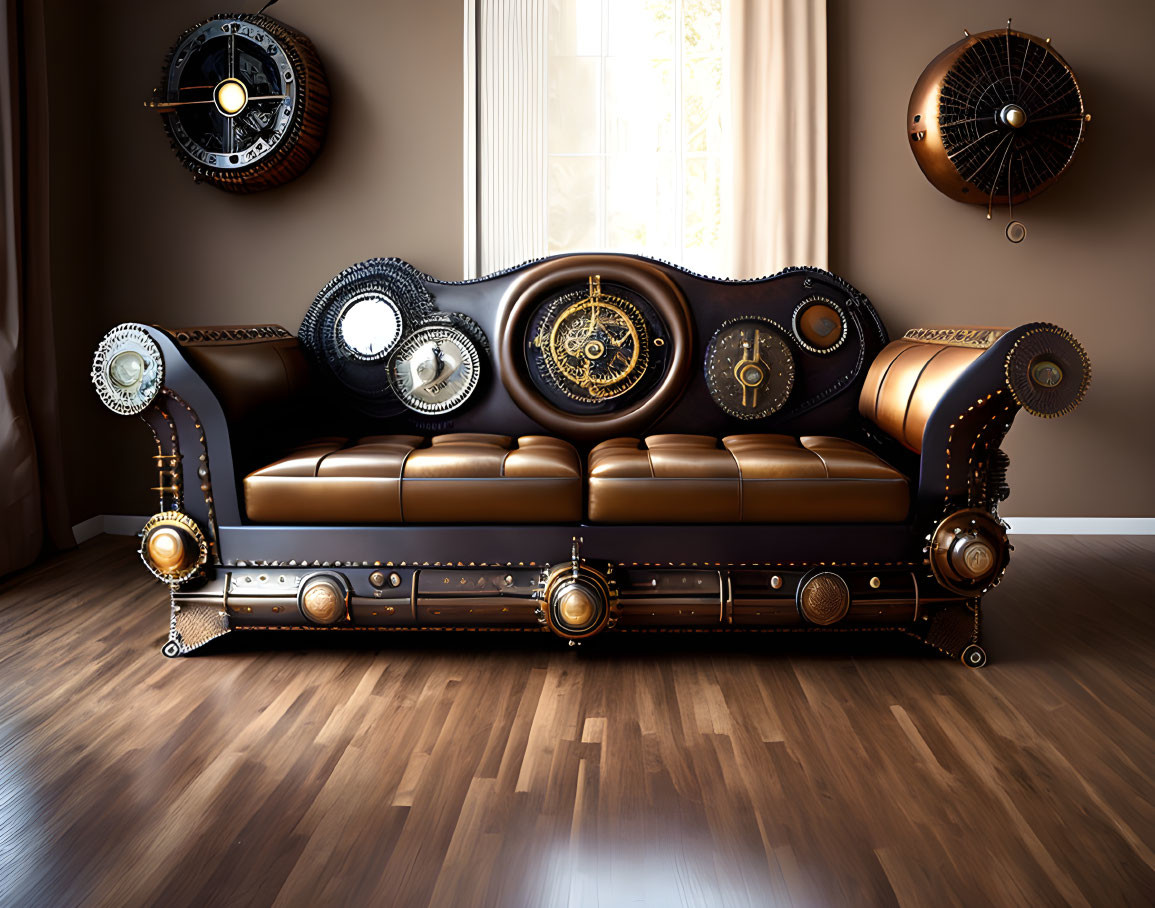 Steampunk-themed leather sofa with metallic gears and rivet details in room with wooden floor and clocks