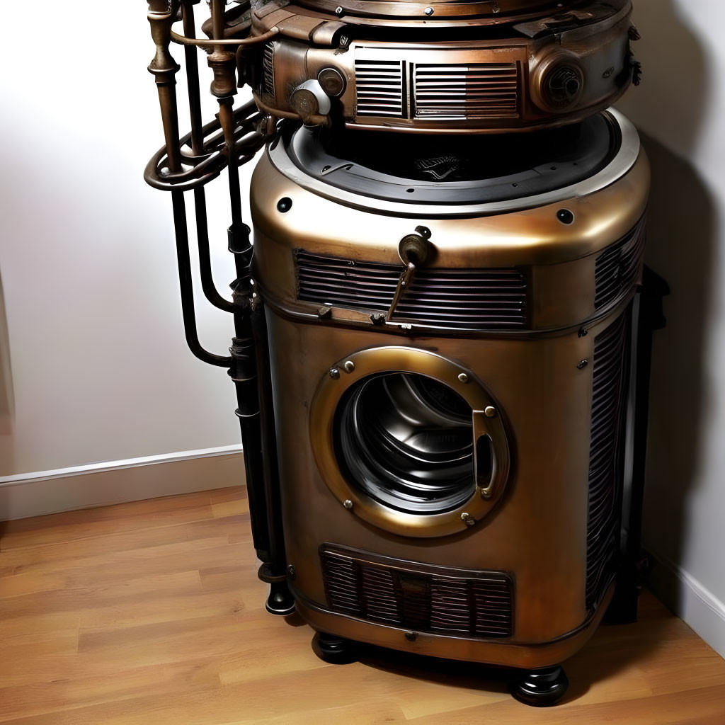 Metallic Steampunk Robot with Vintage Washing Machine Front and Brass Accents next to Bamboo Coat Rack