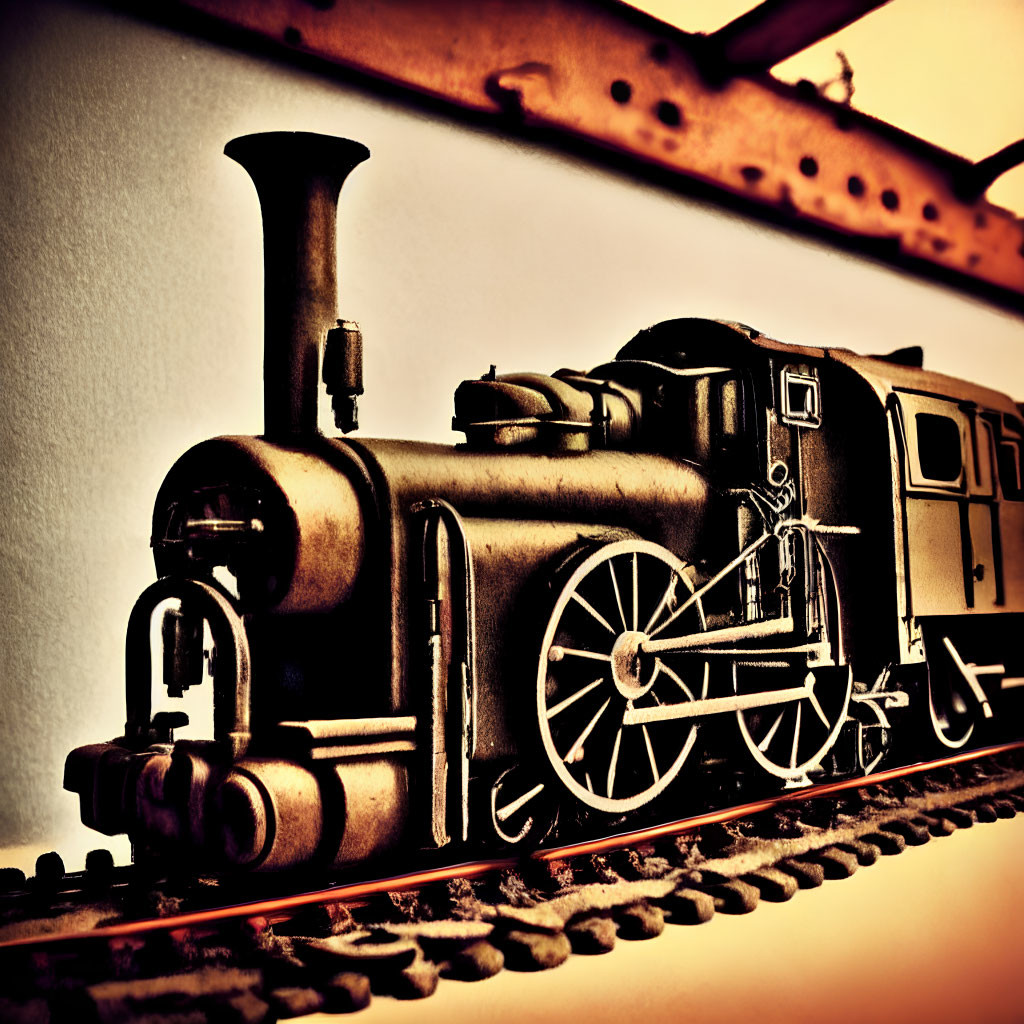 Vintage Model Steam Train on Tracks with Dramatic Lighting