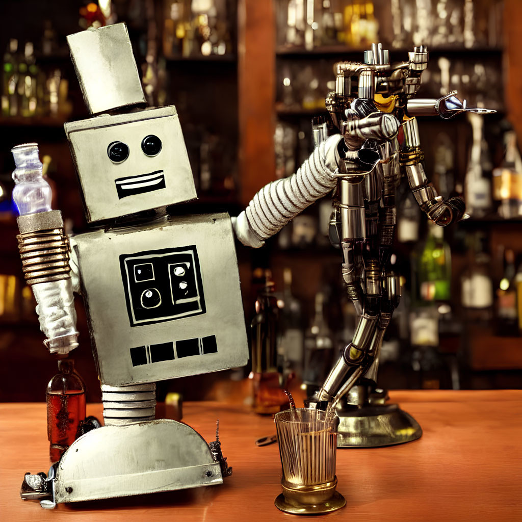 Whimsical robot bartender pouring a drink at bar