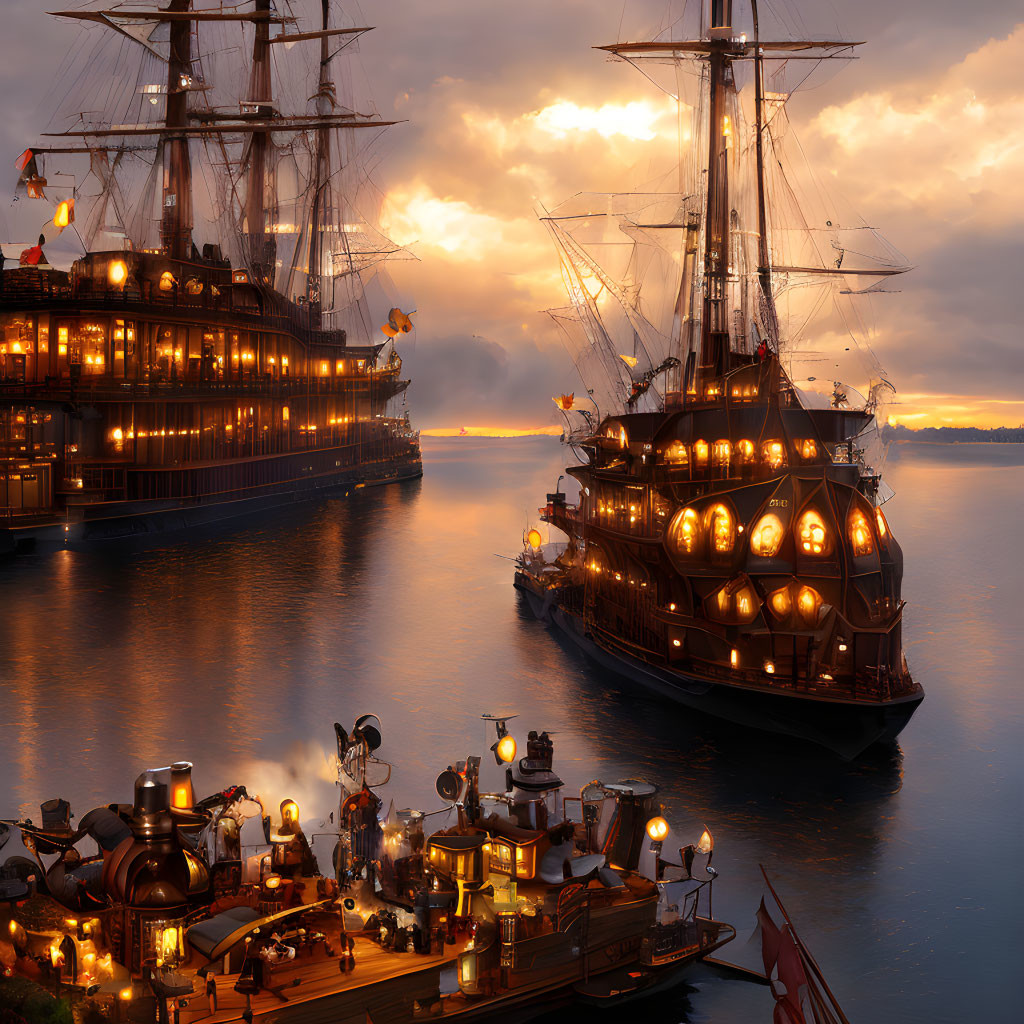 Steampunk harbor scene with airships and glowing lights at dusk