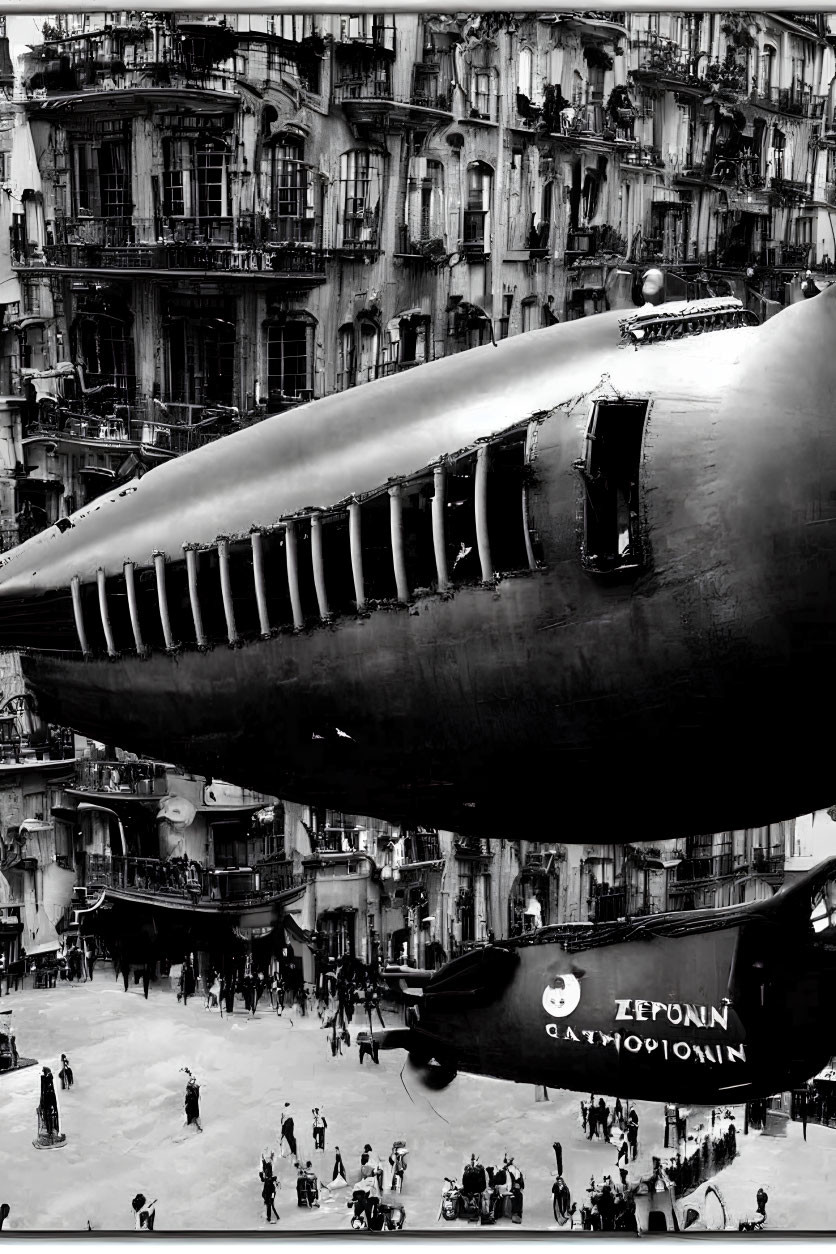 Monochrome photo: Giant airship "ZEPPONI GANTROPODIUM" over