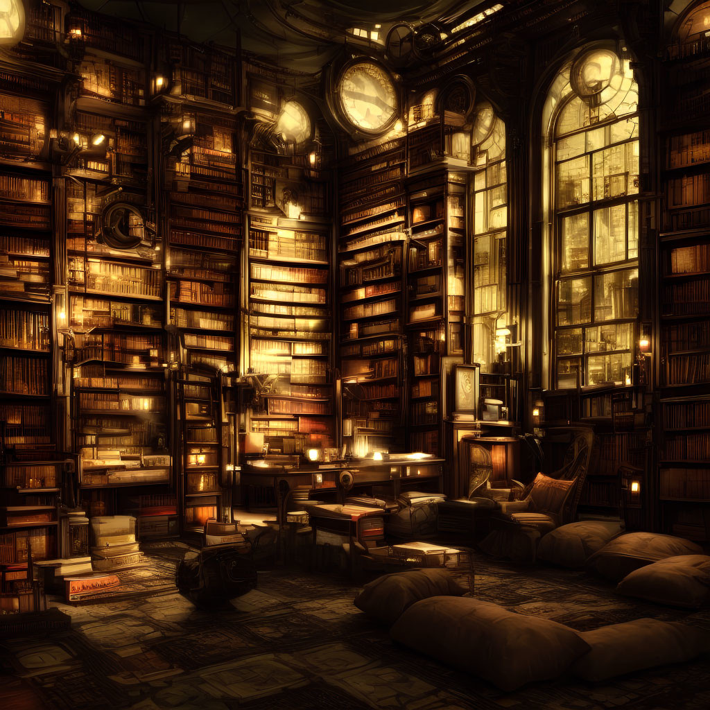 Warmly lit library with towering bookshelves, grand windows, plush seating