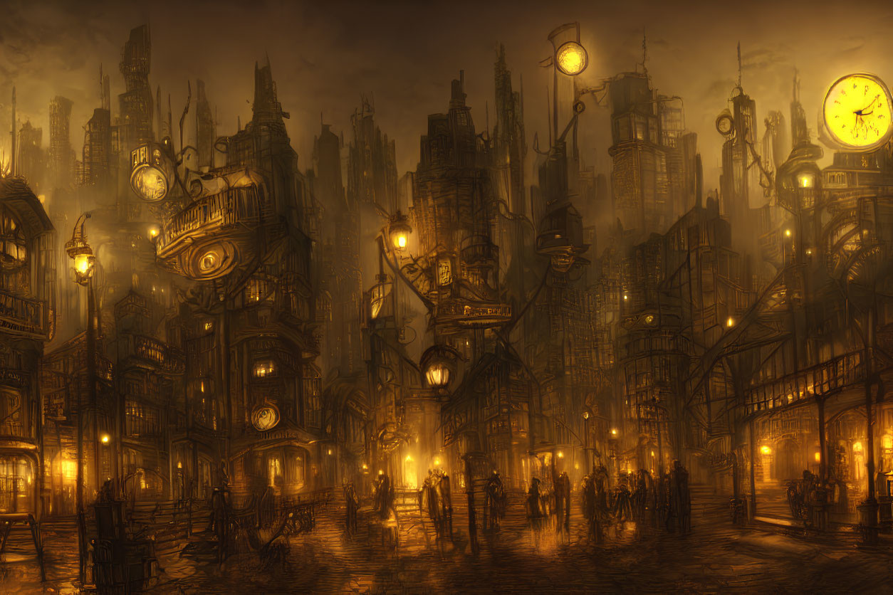 Steampunk cityscape at night with golden streetlamp light.
