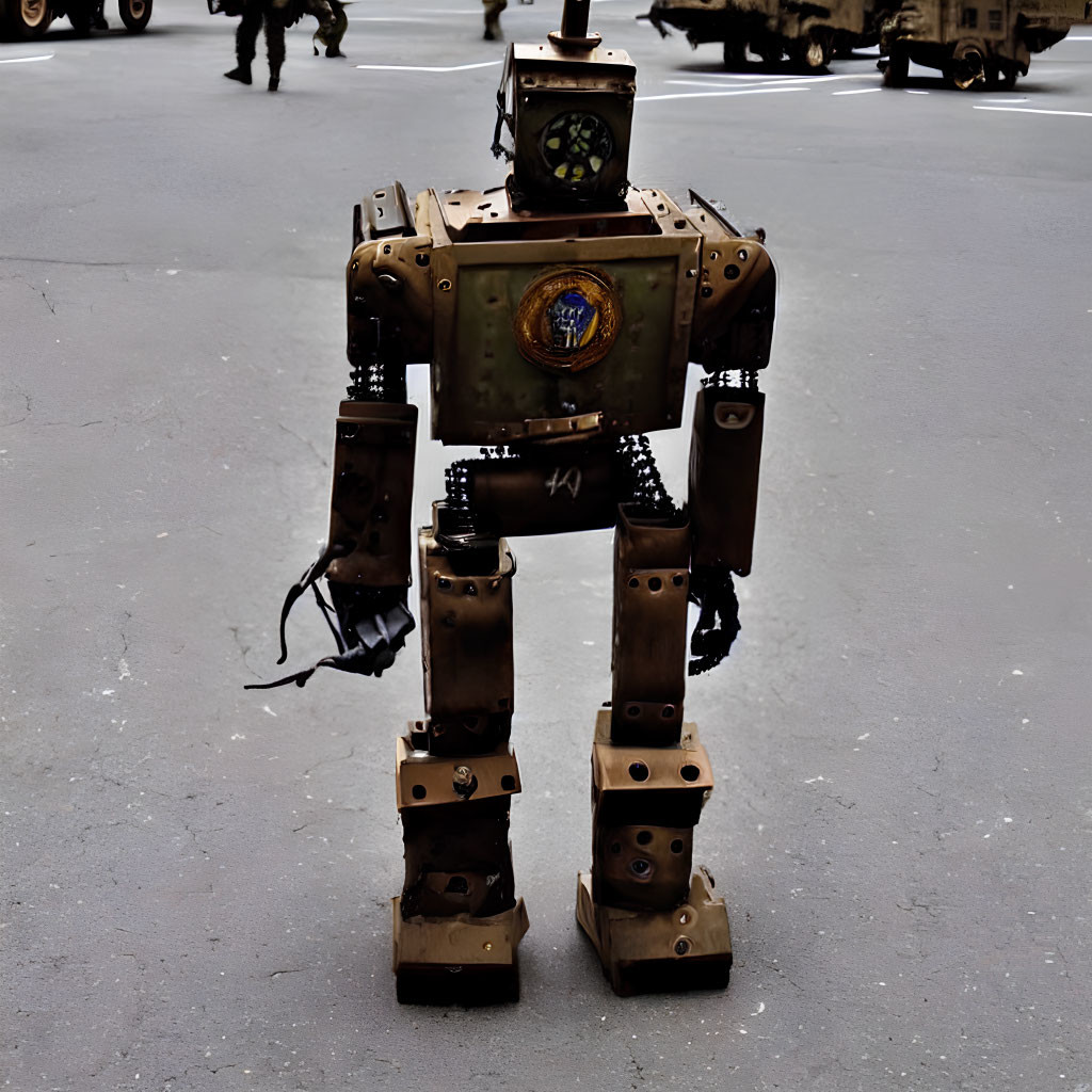 Realistic bipedal robot with rust-like finish and torso emblem on tarmac.