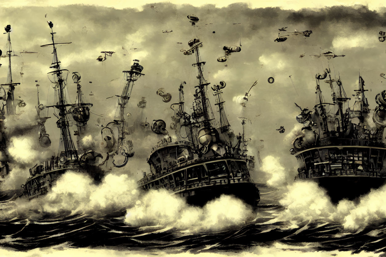 Monochrome art: Vintage ships in stormy seas with air balloons and flying vehicles