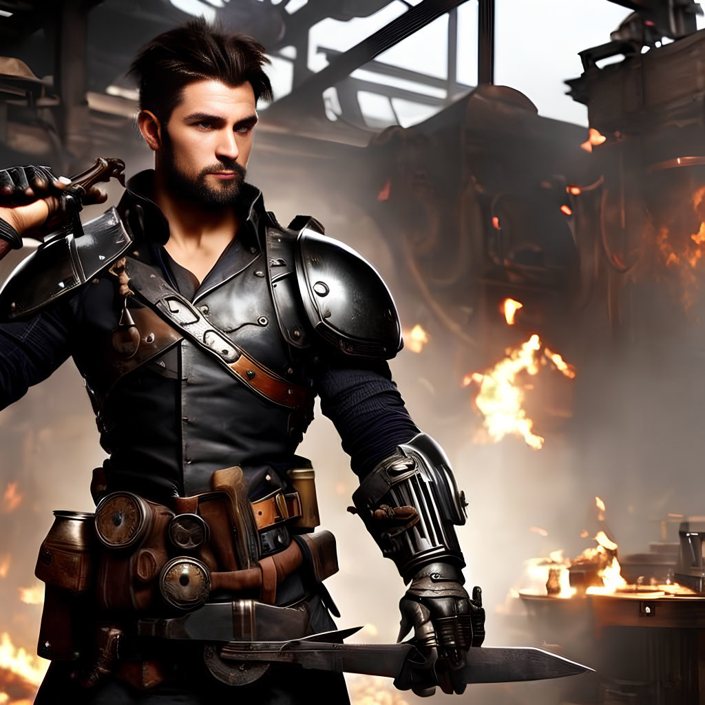 Swordsman in leather armor with mechanical arm in fiery industrial setting