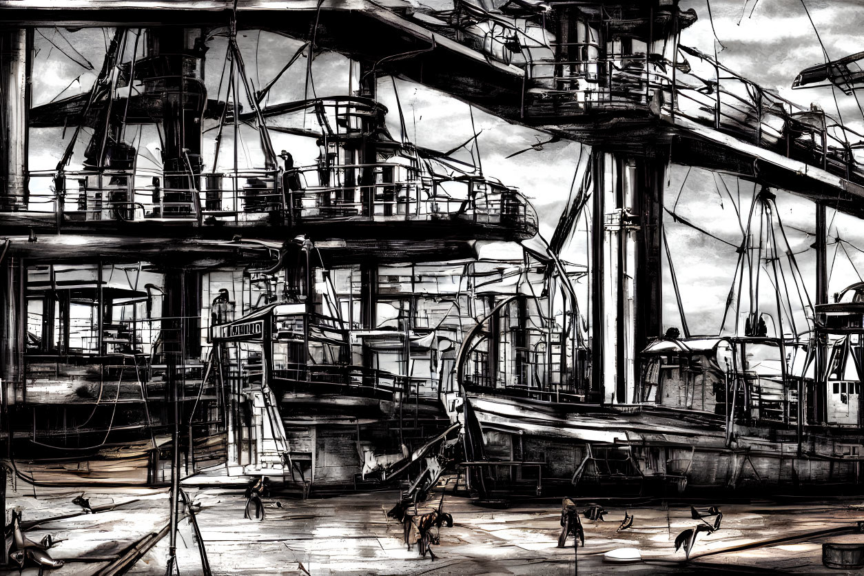 Detailed Monochromatic Shipyard Scene with Cranes, Ships, Workers, and Equipment