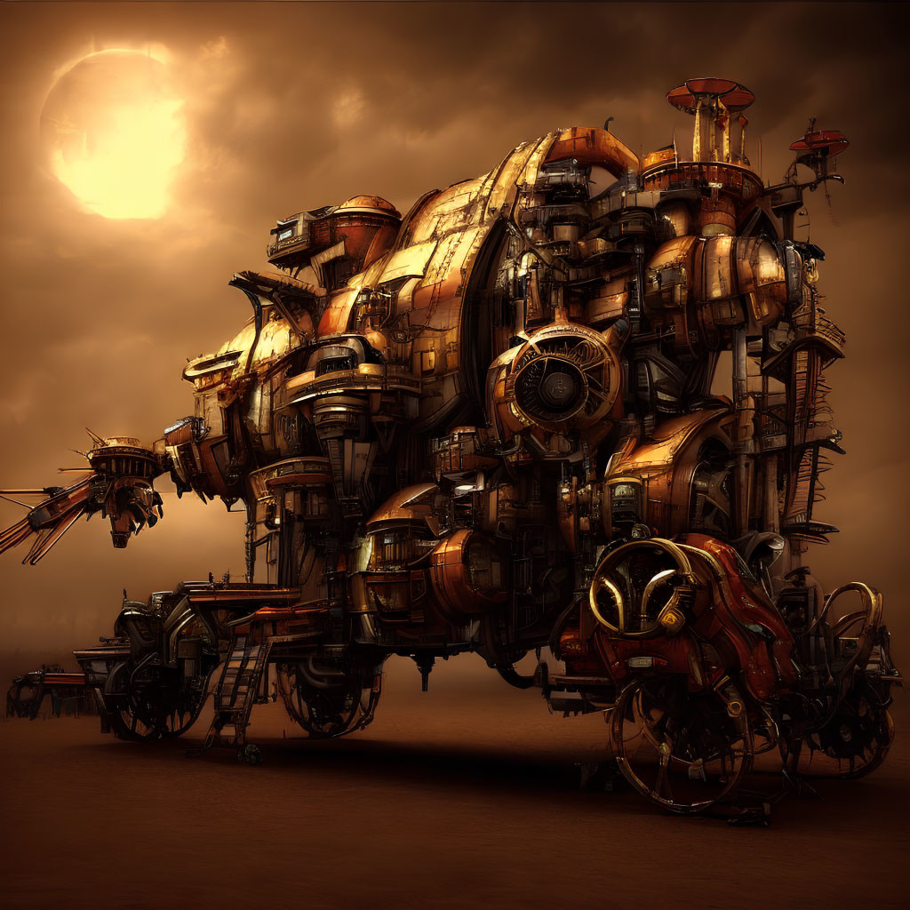 Steampunk locomotive with gears and pipes under dusky sky
