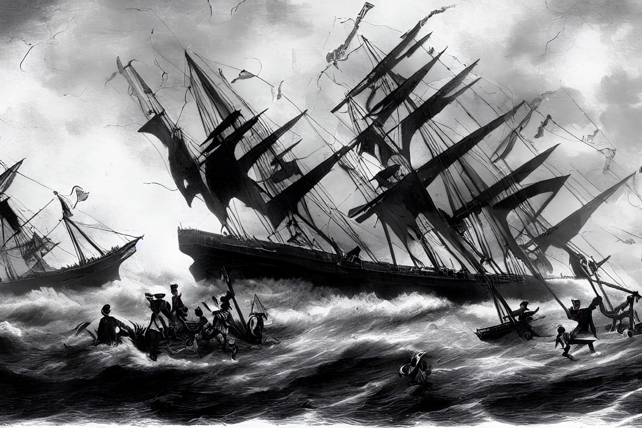 Monochromatic sea battle scene with ships and figures in stormy waves