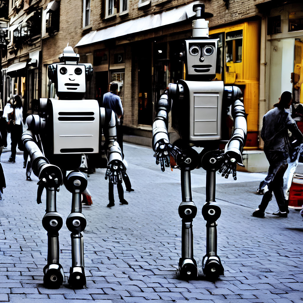 Cartoon-like humanoid robots on cobbled street with walking people