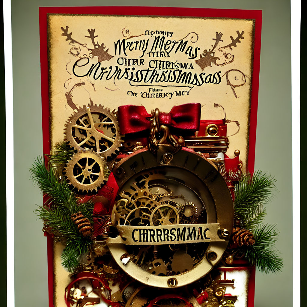 Steampunk-themed Christmas card with gears, clock, pine cones, and red bow on red background