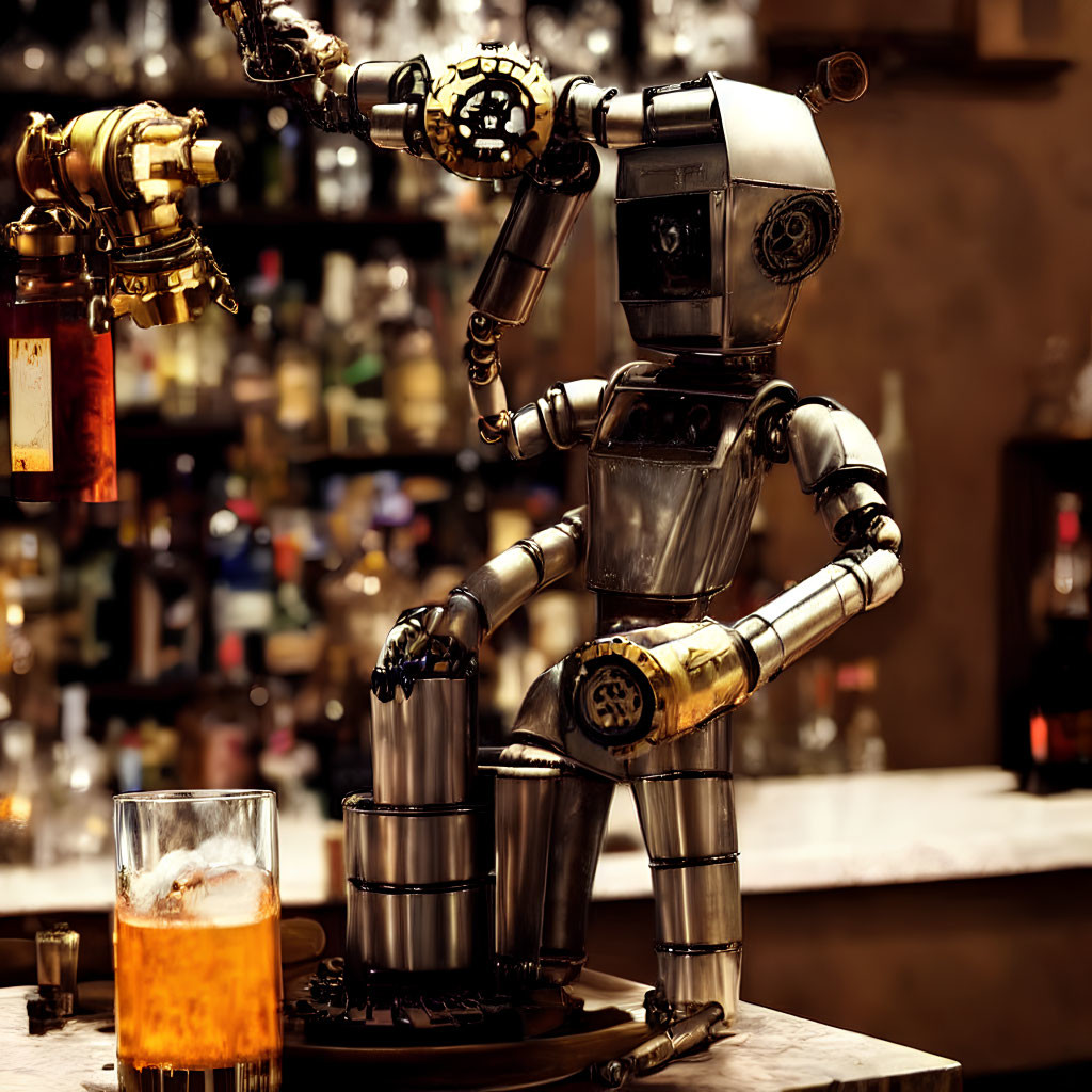 Steampunk-style robot bartender pouring drink at bar.