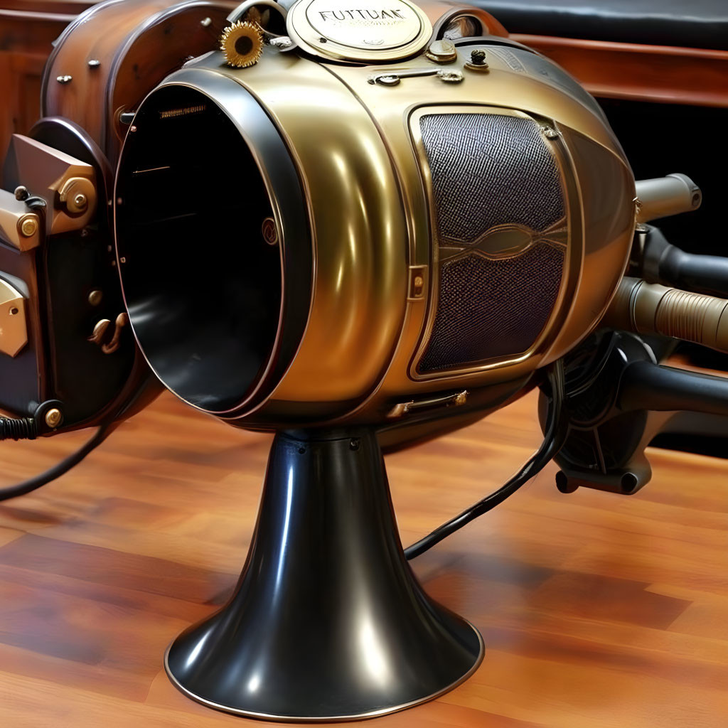 Brass and Black Steampunk Submarine with Gears on Wooden Floor