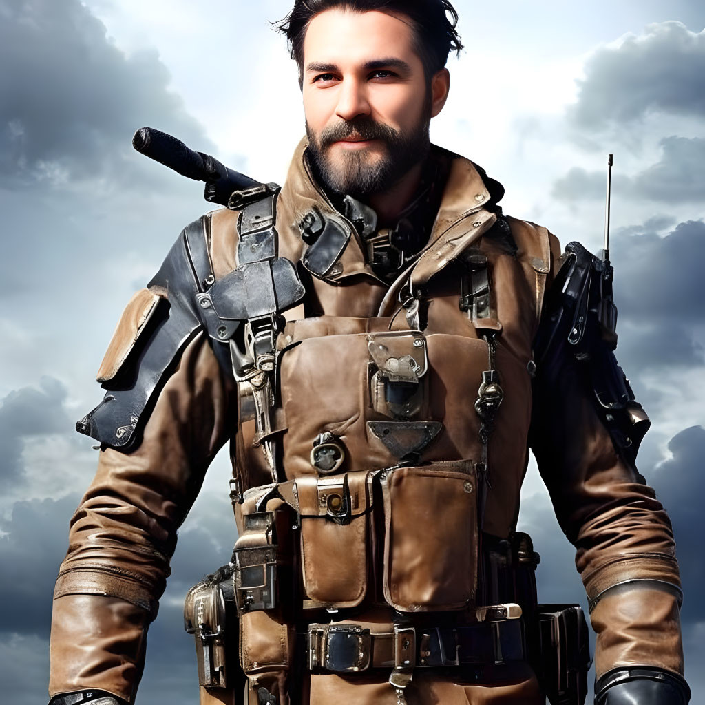 Bearded man in leather pilot jacket against cloudy sky