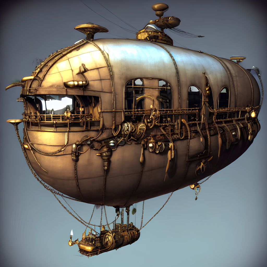 Steampunk-style airship with metallic hull and propellers