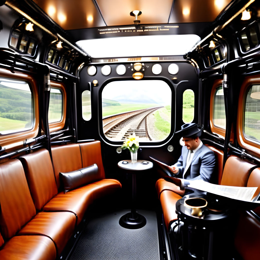 Person in Suit Reading Newspaper in Vintage Train Carriage