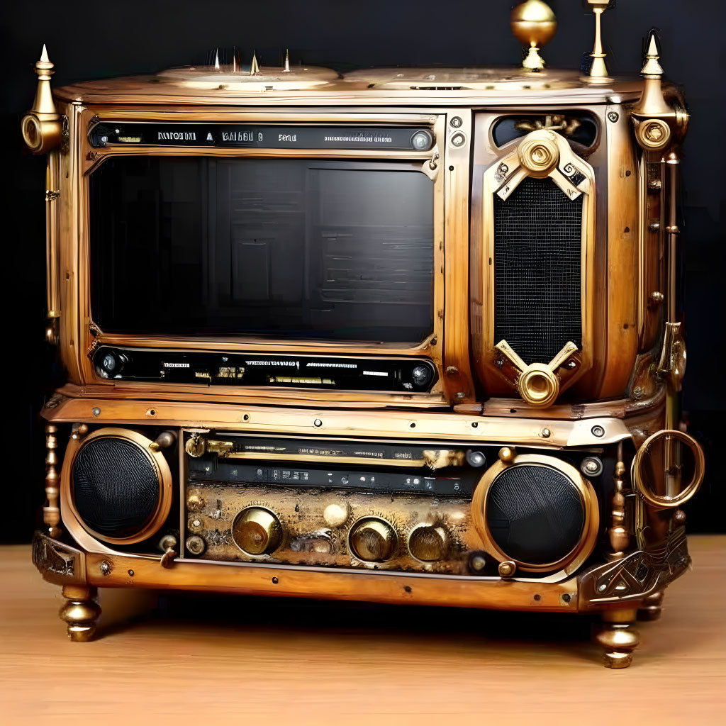 Steampunk-themed entertainment system with vintage design and modern features