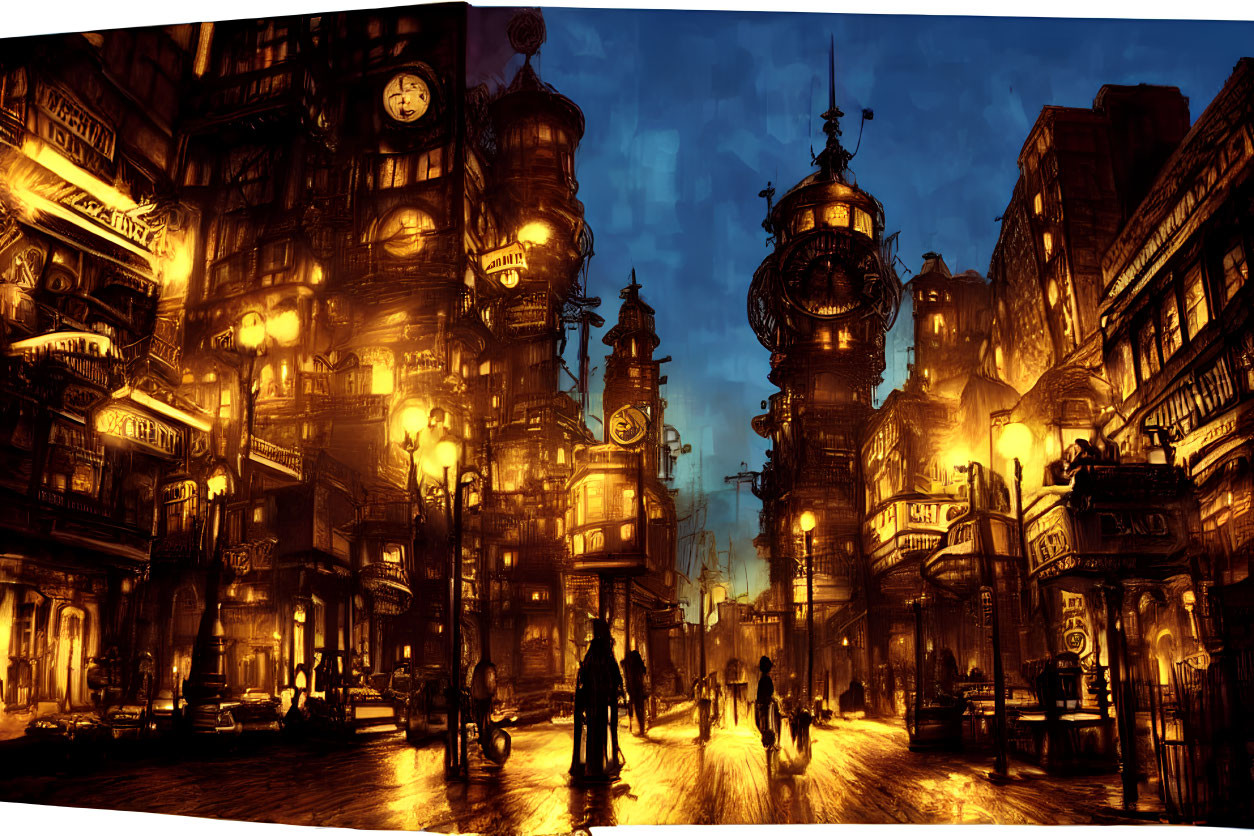 Illustration of Rain-Drenched Steampunk Cityscape at Night