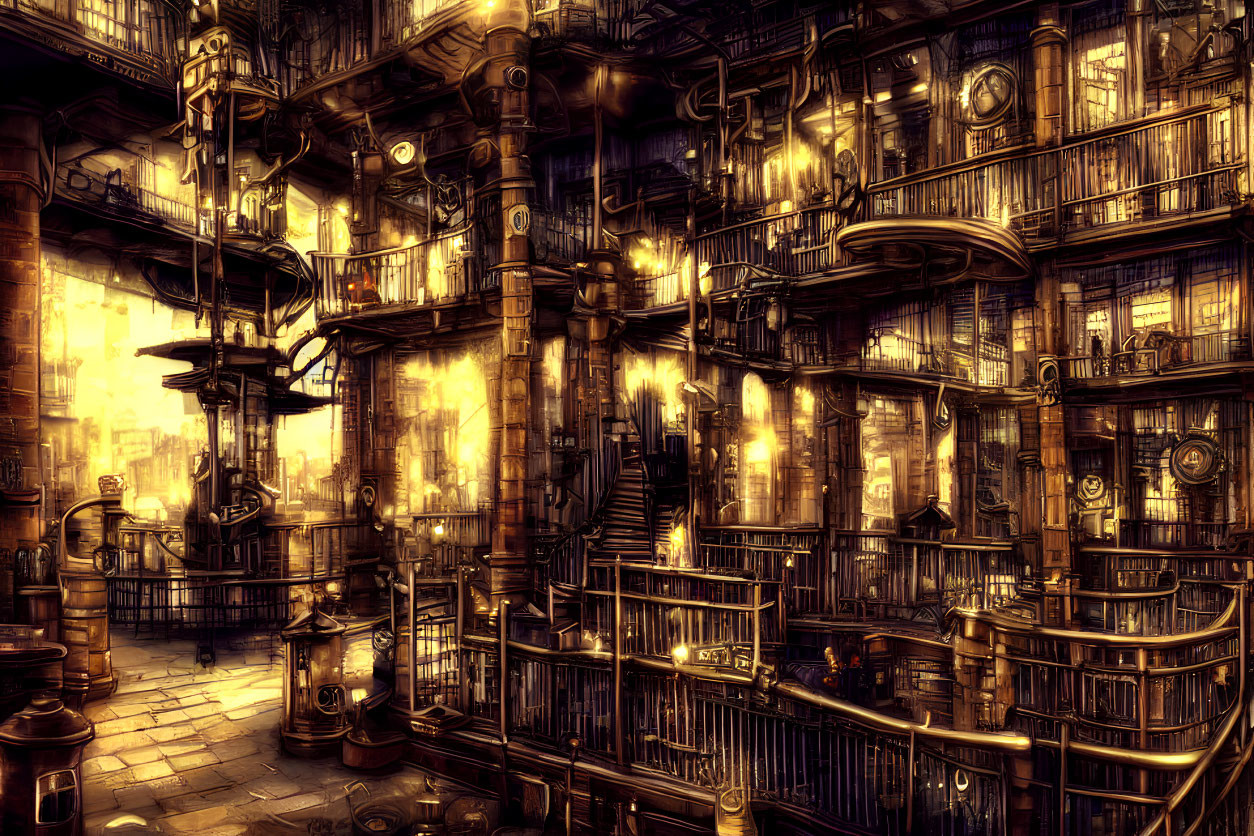 Detailed Steampunk Library with Metal Structures and Spiral Staircases