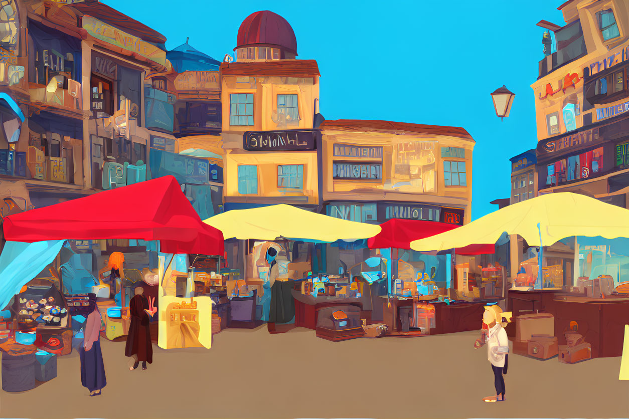 Colorful Market Scene with Bustling Shoppers and Quaint Buildings