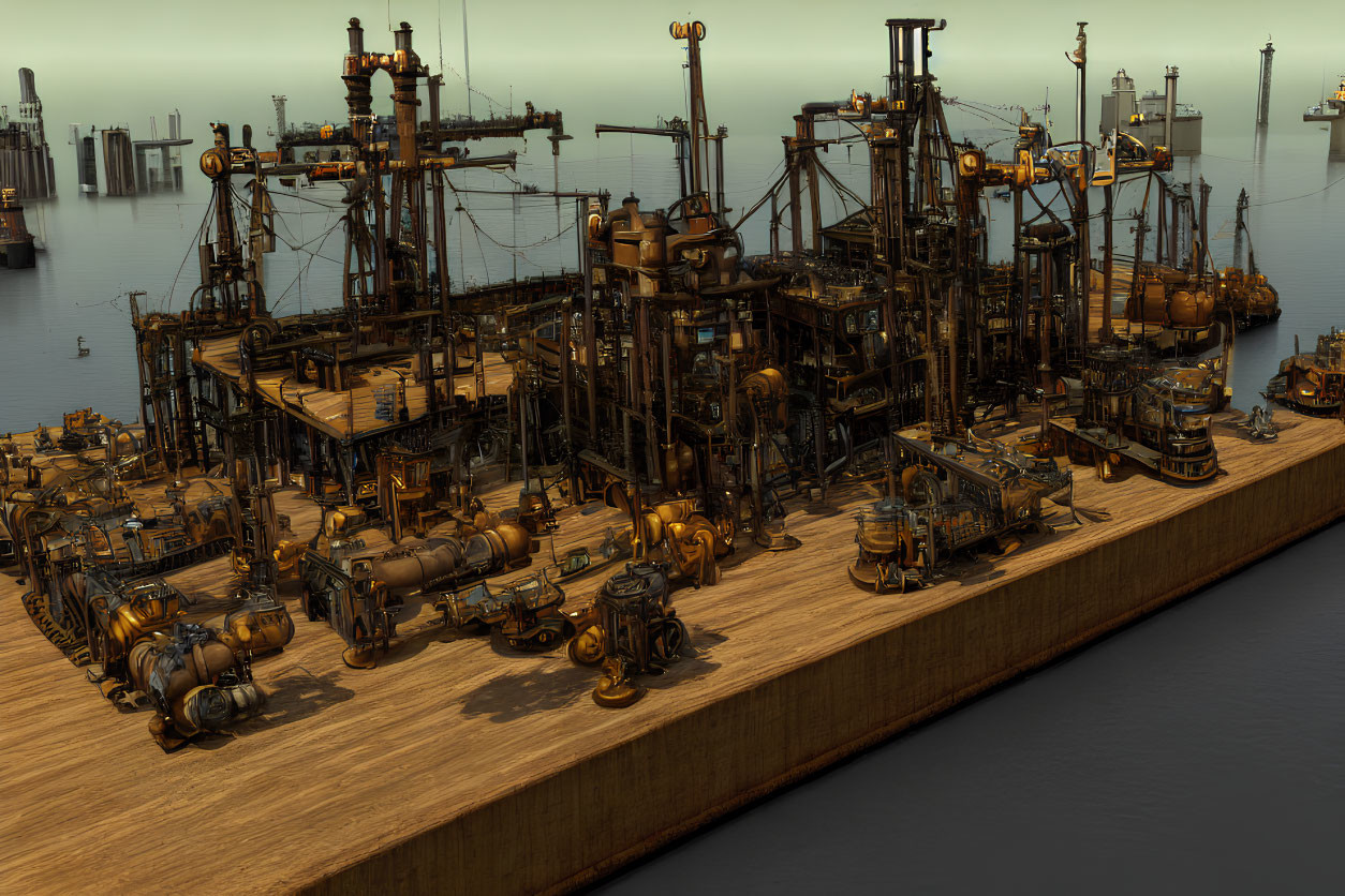 Industrial complex with pipes, tanks, and towers near a dock in warm lighting