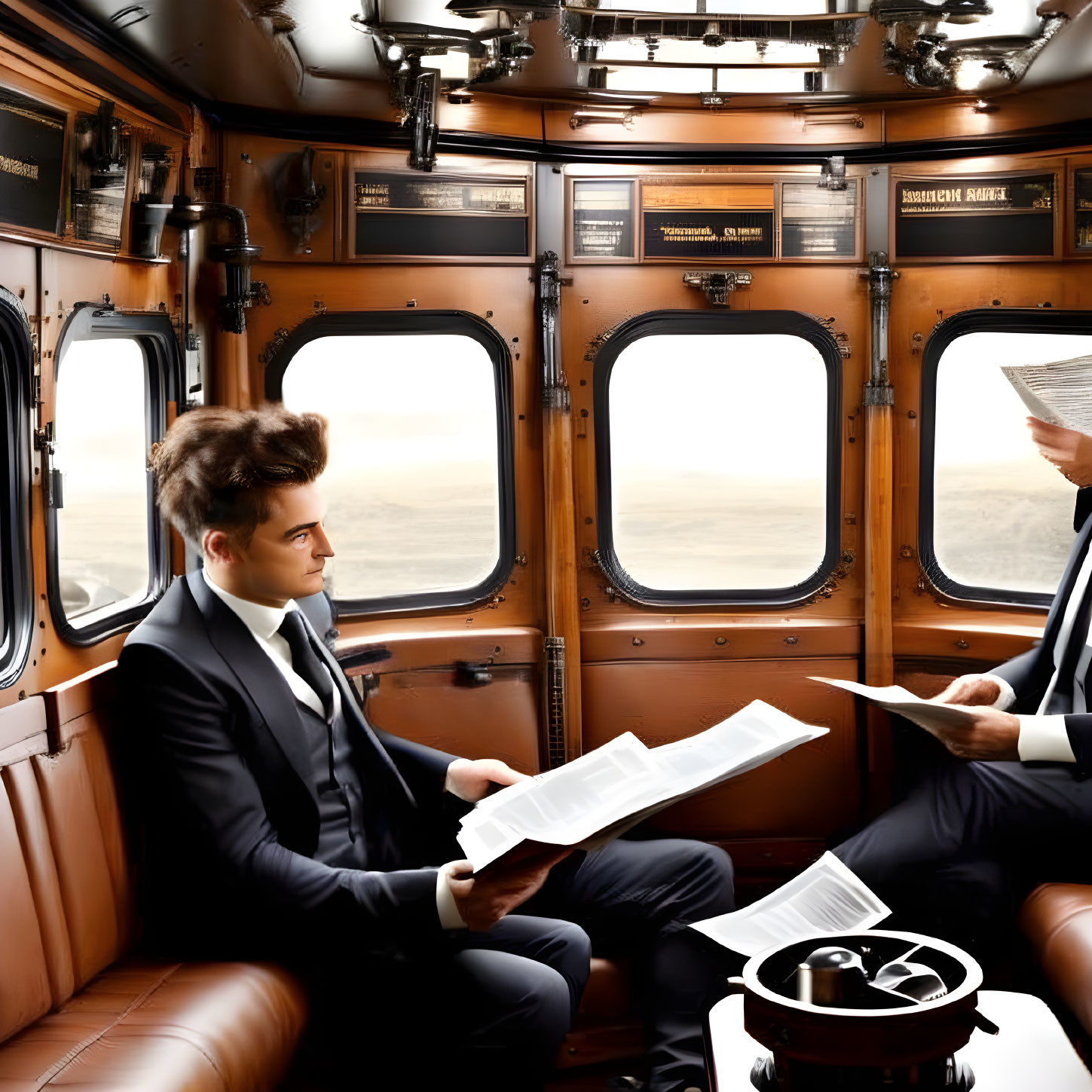 Two Men in Suits Inside Vintage Train Cabin with Leather Seats