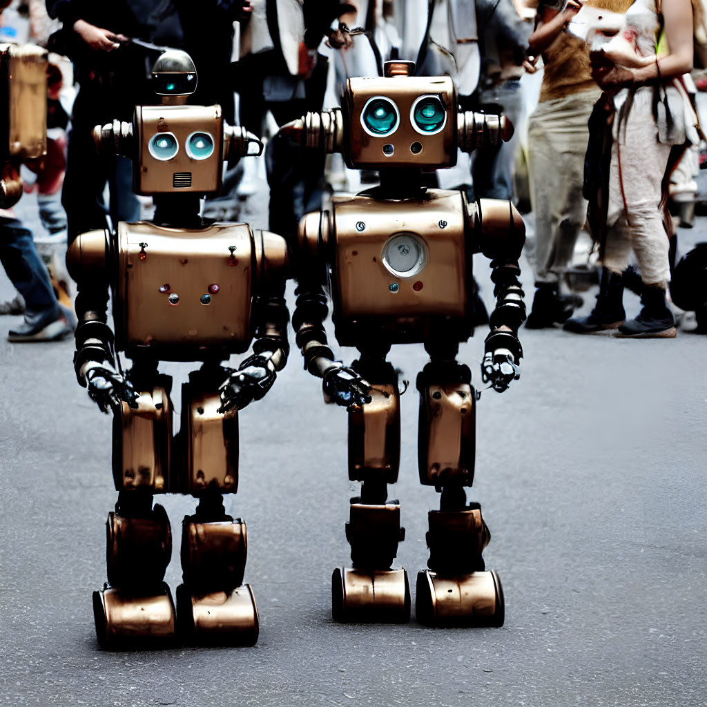 Steampunk humanoid robots on street with blurred background people