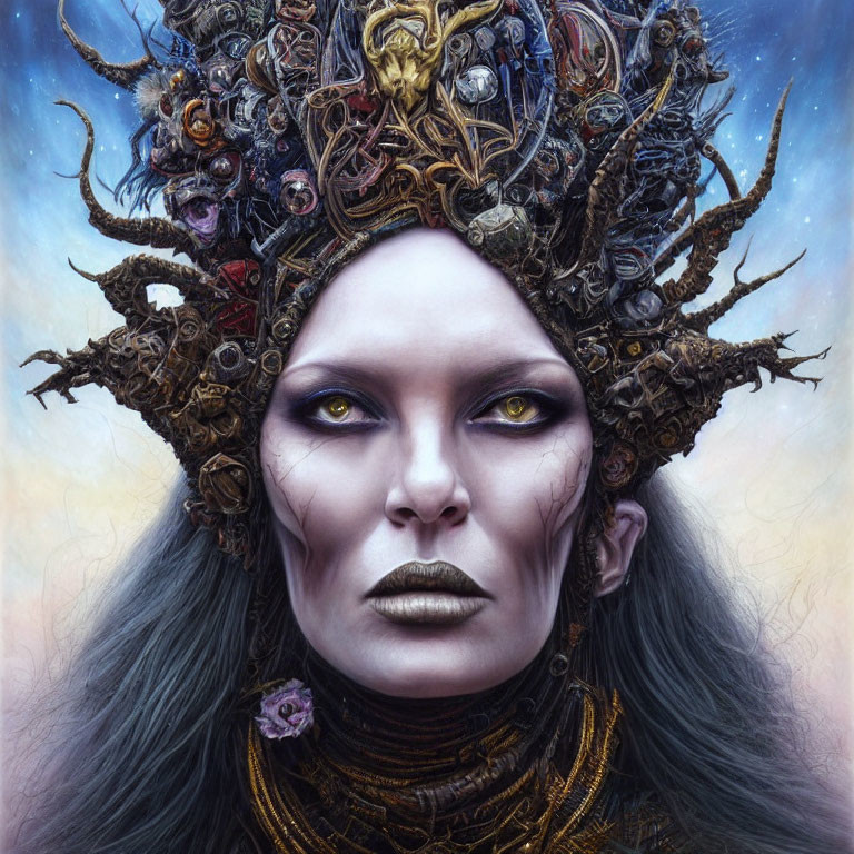 Portrait of woman with pale skin and intricate headdress design