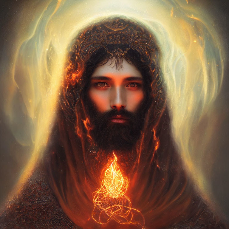 Bearded person in fiery cloak with intense gaze