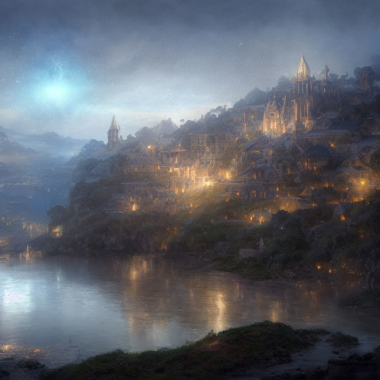 Fantasy medieval village at twilight with illuminated buildings by serene river
