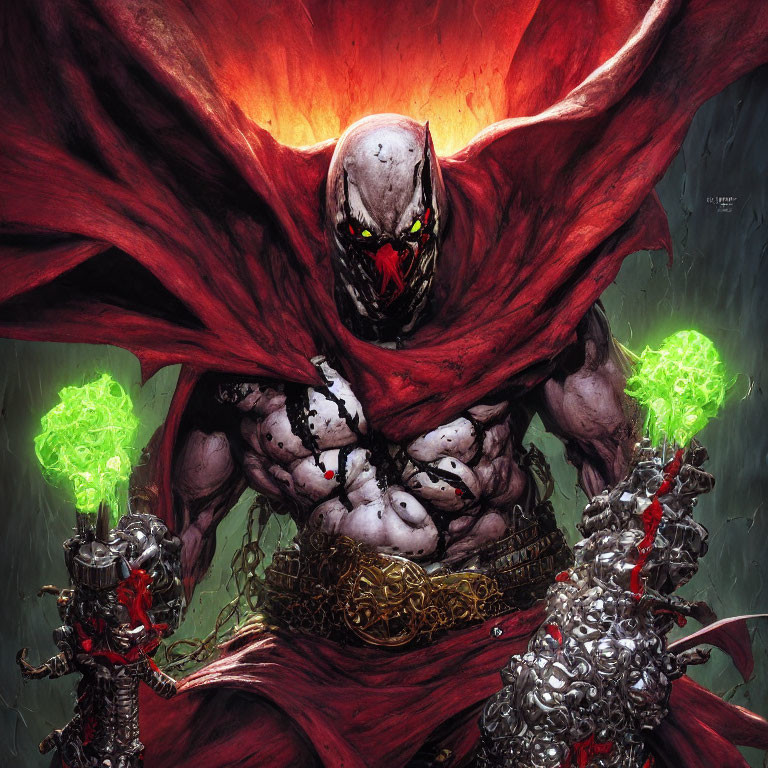 Menacing figure with red eyes and cape, flanked by armored characters with green orbs