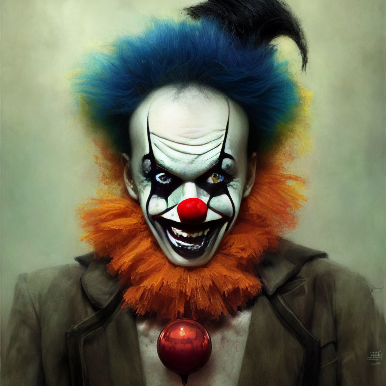 Menacing clown with blue mohawk and red nose, holding red ball