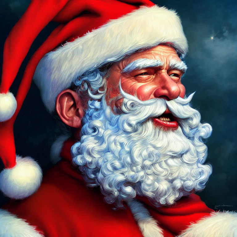 Cheerful Santa Claus illustration with starry night sky
