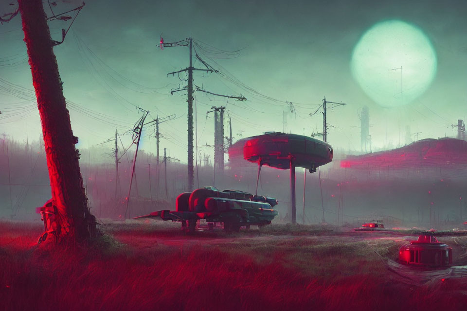 Dystopian landscape with red grass, futuristic vehicles, dilapidated structures, eerie green moon,