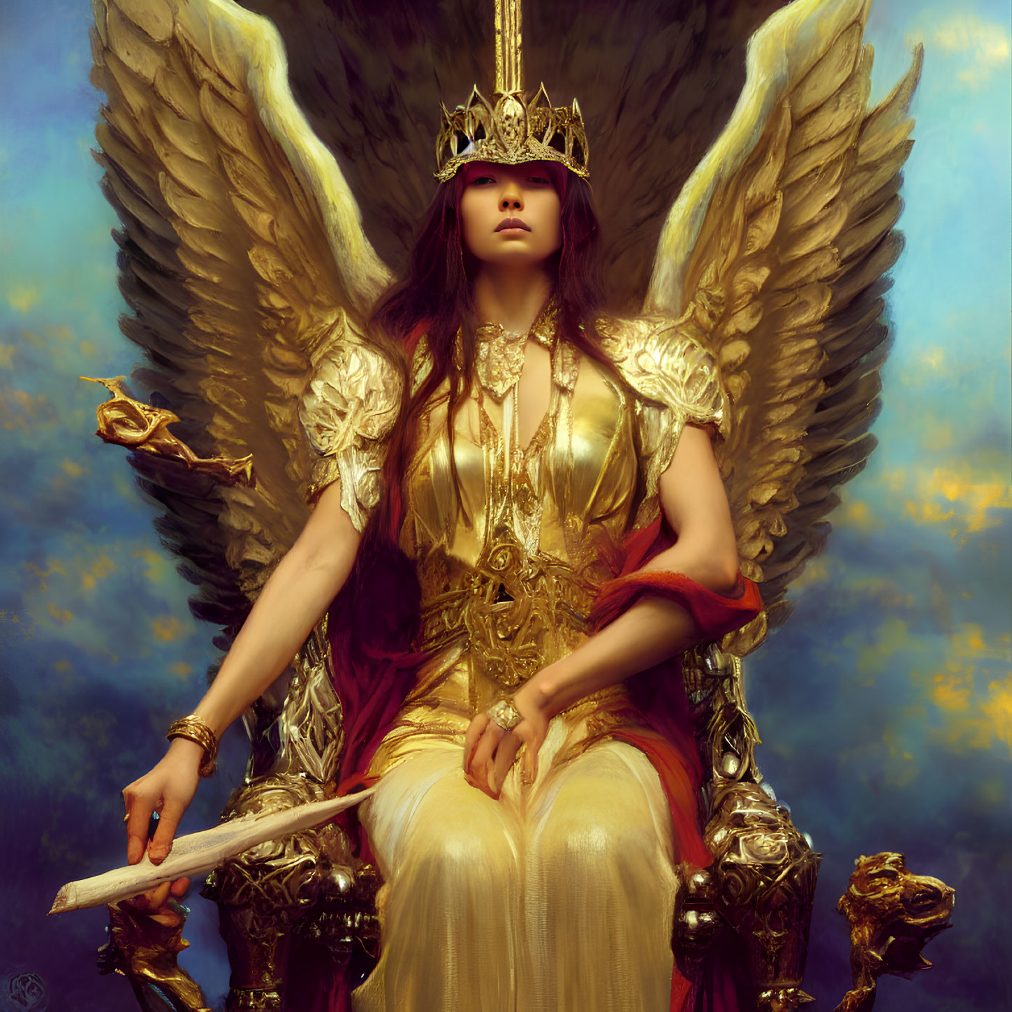 Regal figure in golden armor on throne with feathered wings