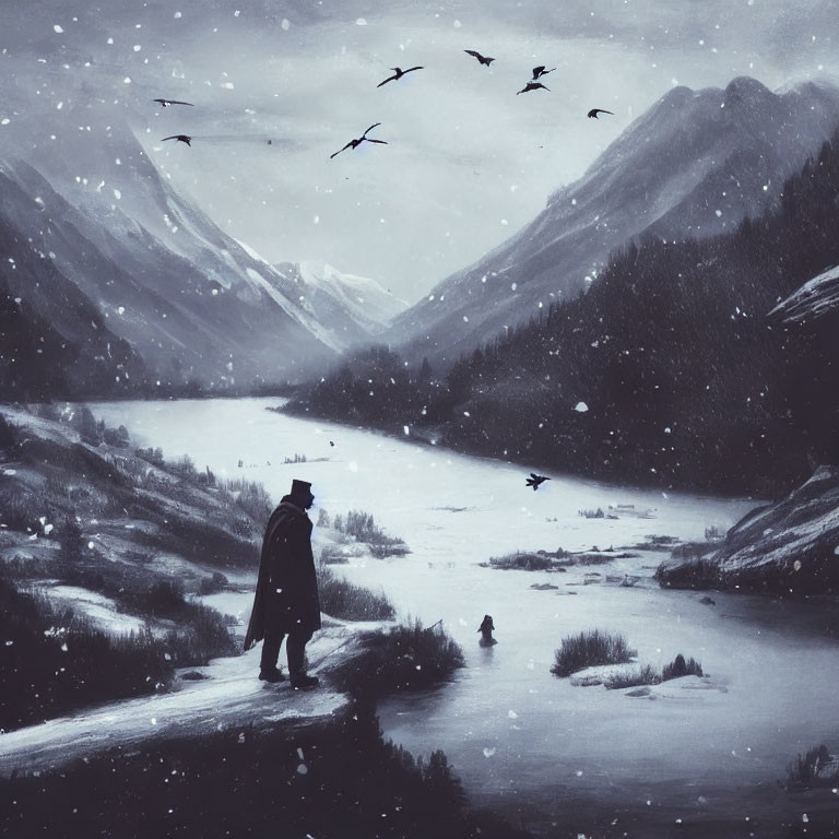 Solitary figure gazes at snowy valley with mountains, river, and flying birds