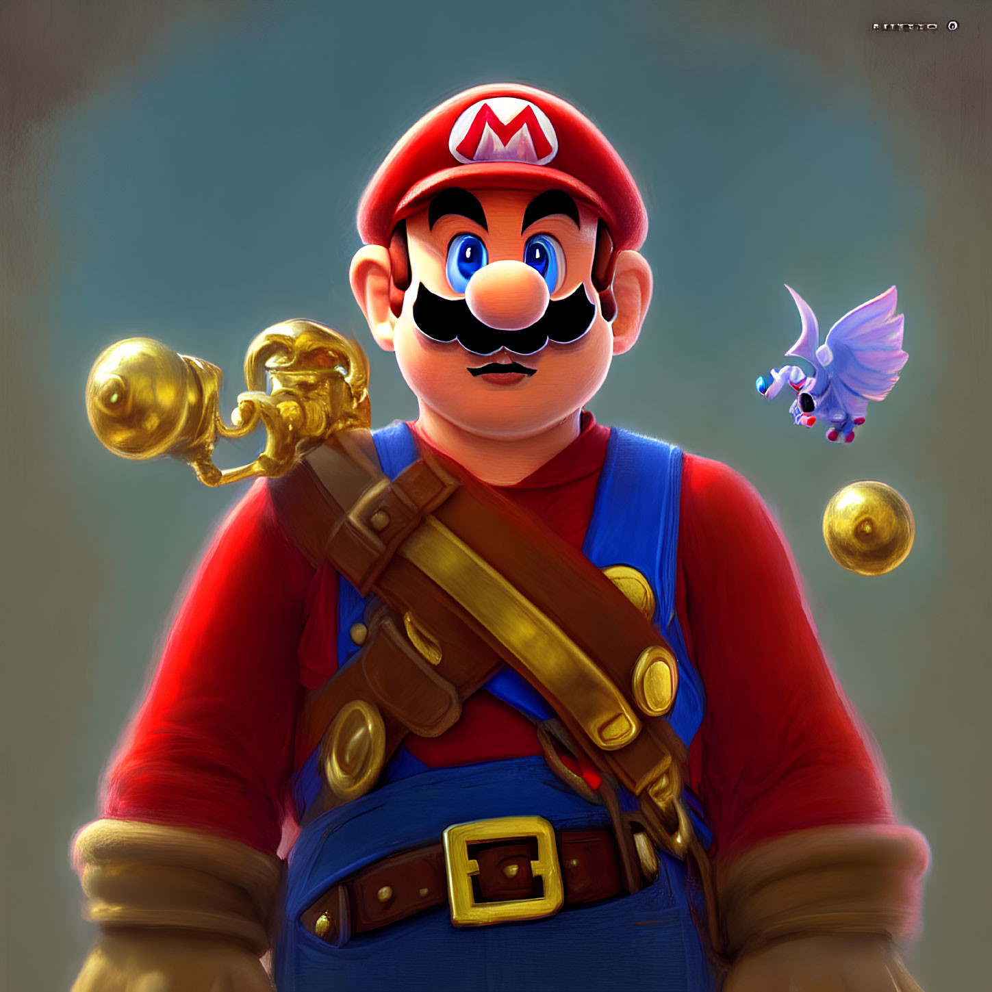 Steampunk-themed Mario illustration with golden shoulder cannon and mechanical bird