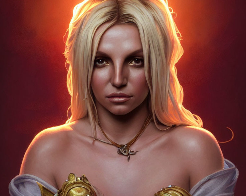 Blonde woman in golden armor and white dress portrait.