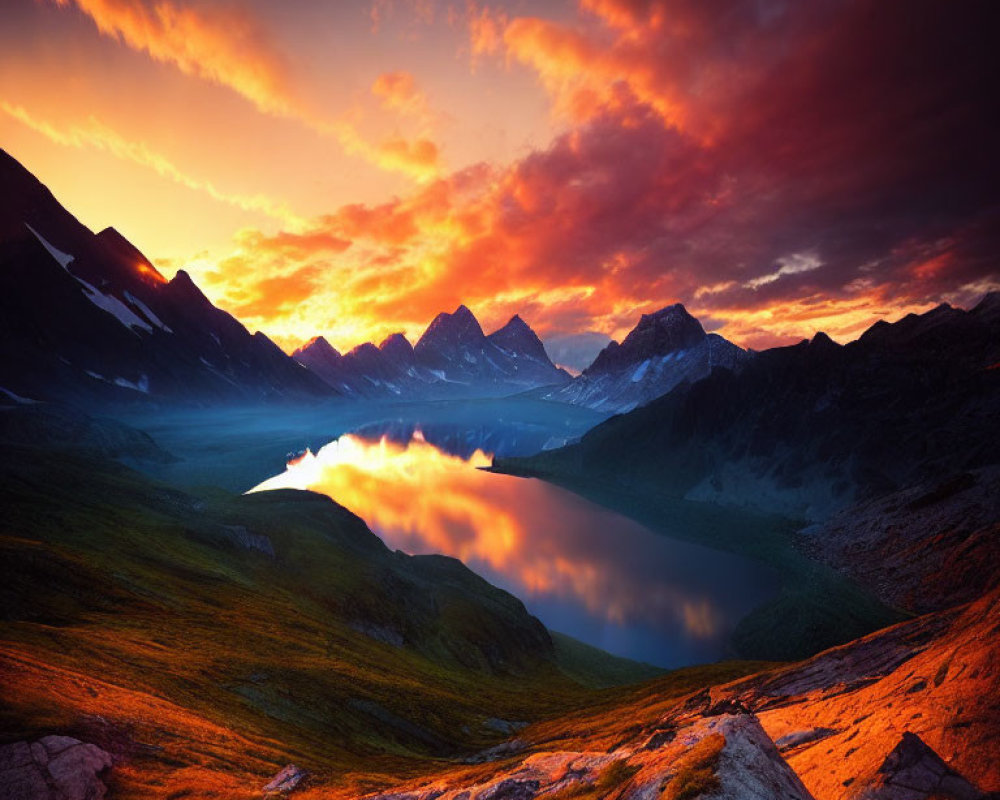 Tranquil mountain lake at sunset with vibrant orange and blue skies reflected on water