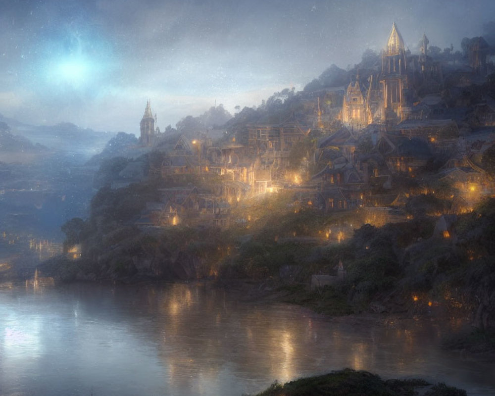Fantasy medieval village at twilight with illuminated buildings by serene river