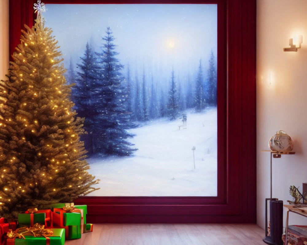 Decorated Christmas tree with gifts in snowy landscape view room.