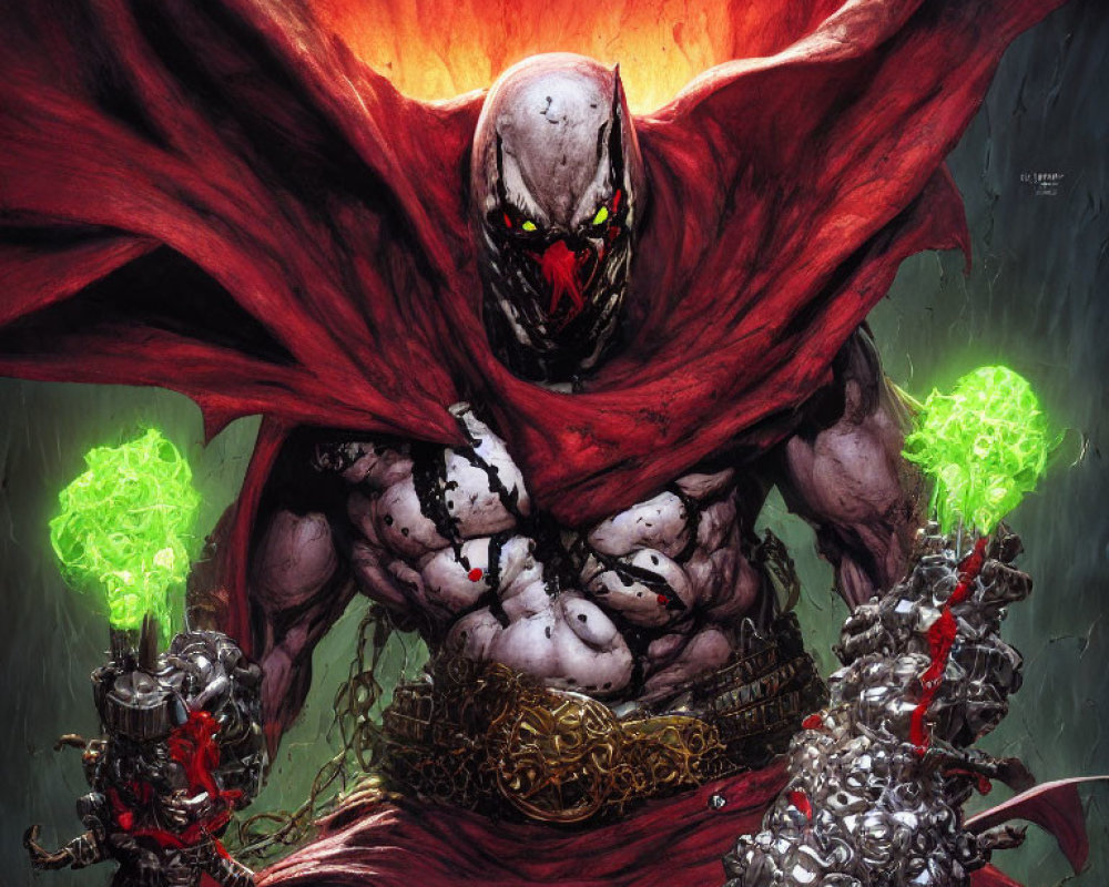 Menacing figure with red eyes and cape, flanked by armored characters with green orbs