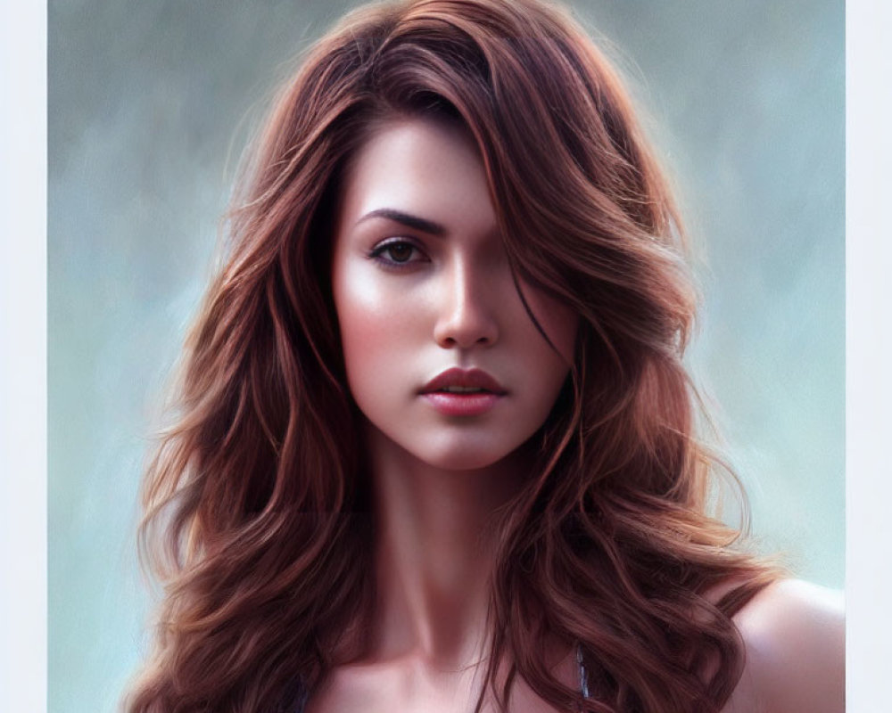 Portrait of Woman with Voluminous Chestnut Hair and Dark Eyes