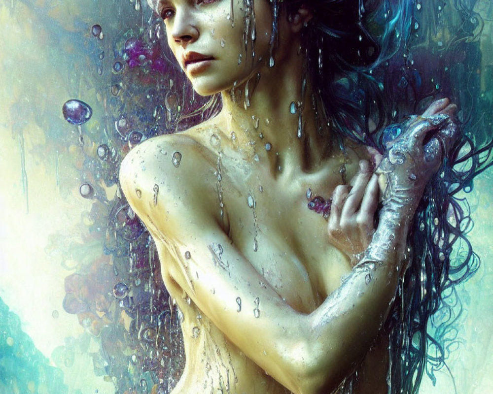 Woman emerging from water with aquatic elements in fantastical painting